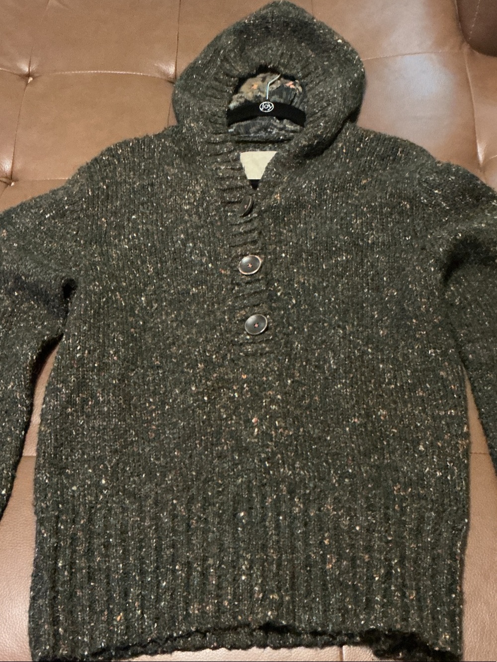 Natural Collections Sz XL Speckled Brown Hooded Quarter Button Sweater EUC